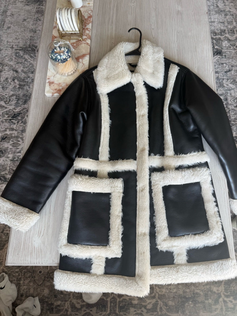 Abercrombie & Fitch Black Faux Leather Teddy Jacket with Cream Trim